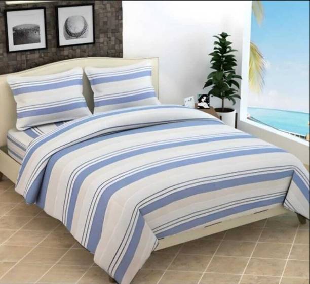 SPSON'S HANDLOOM Cotton King Flat 210 TC Striped 1 Bedsheet with 2 Pillow Covers