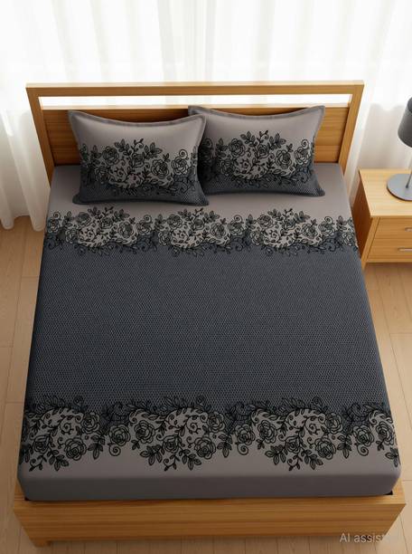 YKNIP Cotton Double, King Fitted (Elastic) 250 TC Floral 3 Bedsheets with 2 Pillow Covers