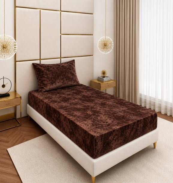 CRAFTEAL Velvet Single Fitted (Elastic) 250 TC Floral 1 Winter Bedsheet