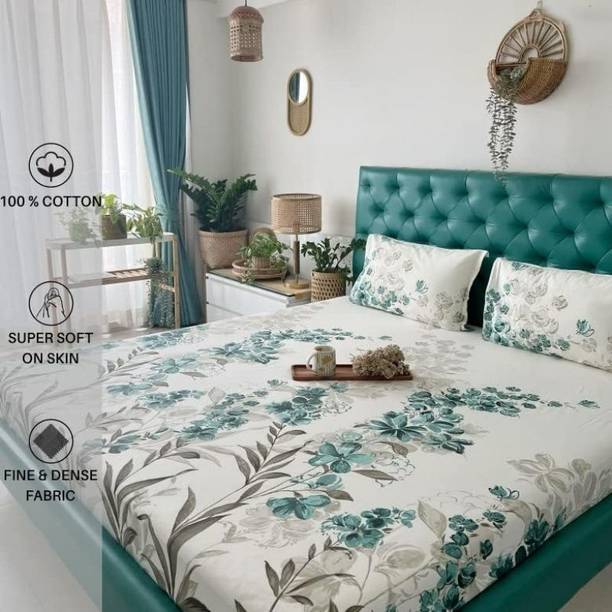 CARLTON LONDON Cotton Queen Flat 200 TC Floral 1 Bedsheet with 2 Pillow Covers