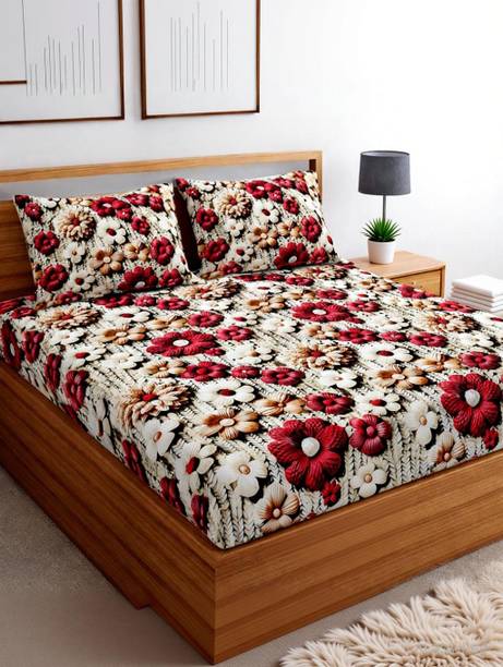 Ulom Cotton Blend King Fitted (Elastic) 380 TC Floral 1 Bedsheet with 2 Pillow Covers