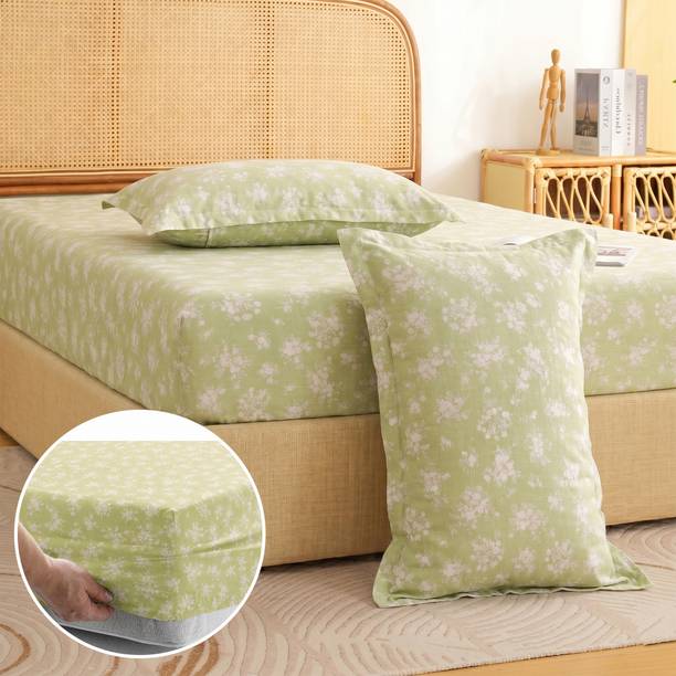 Story@home Cotton King Fitted (Elastic) 240 TC Printed 1 Summer Bedsheet with 2 Pillow Covers
