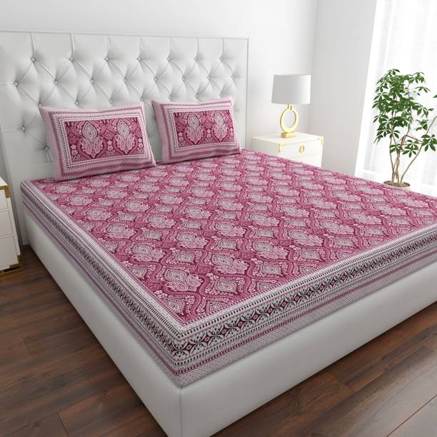 HYNA HOMM Cotton King Flat 210 TC Jaipuri Prints 1 Bedsheet with 2 Pillow Covers
