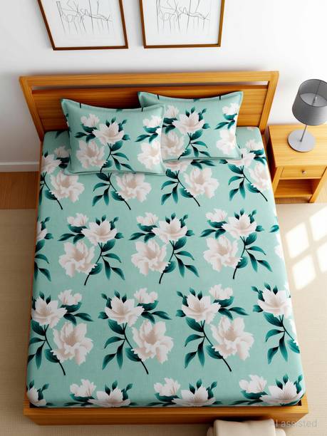 EXFAB Cotton King Fitted (Elastic) 244 TC Printed 1 Bedsheet with 2 Pillow Covers