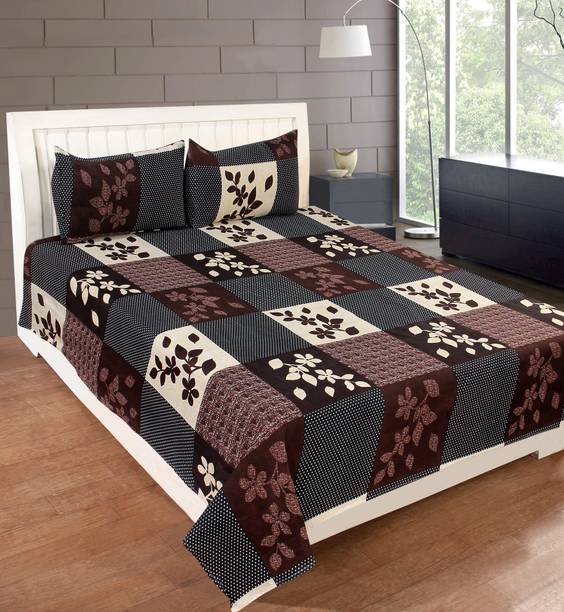 ANIKET Cotton Double Flat 180 TC Printed 1 Bedsheet with 2 Pillow