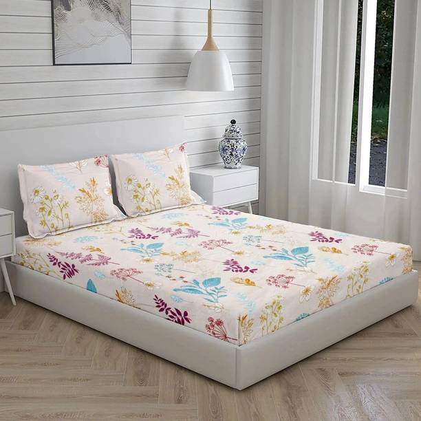 BLUEDOT Cotton King Fitted (Elastic) 160 TC Floral 1 Bedsheet with 2 Pillow Covers