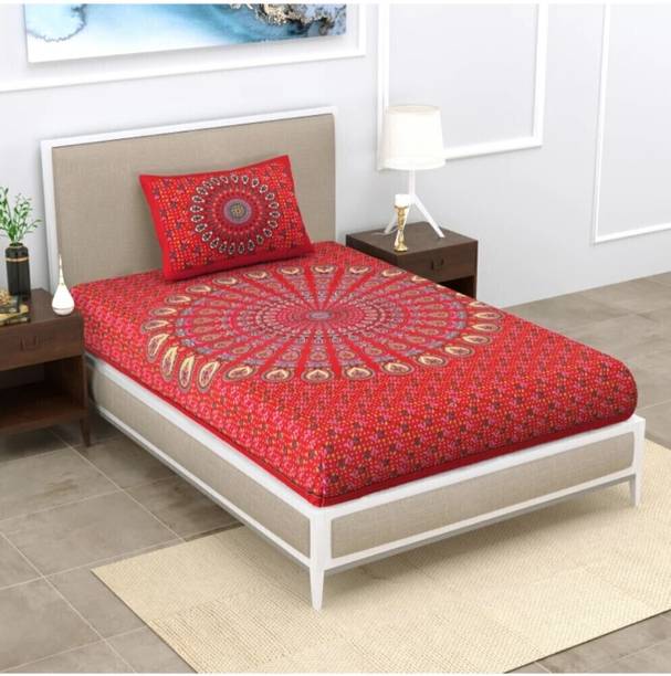 KAANY FAB 144 TC Cotton Single Jaipuri Prints Flat Bedsheet