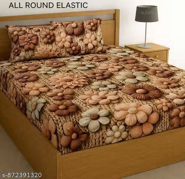 AnkTraderss Cotton Double, King Fitted (Elastic) 308 TC 3D Printed 1 Summer Bedsheet with 2 Pillow Covers, 2 Cushion Covers
