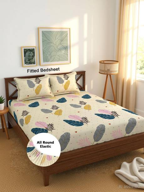 Goodrik Microfiber Double Fitted (Elastic) 210 TC Floral 1 Bedsheet with 2 Pillow Covers