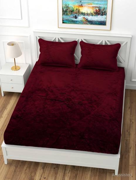 COZY QUEEN Velvet King Fitted (Elastic) 380 TC Solid 1 Bedsheet with 2 Pillow Covers