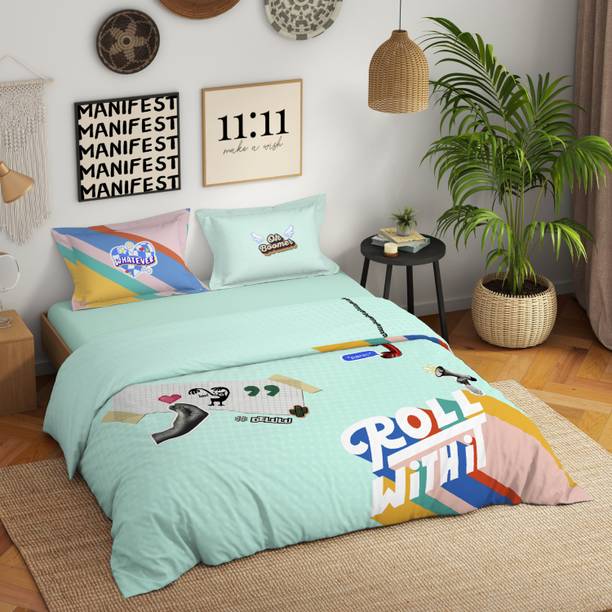 SPACES Cotton King Flat 180 TC Printed 1 Bedsheet with 2 Pillow Covers