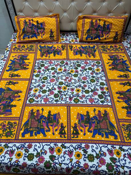 OHHSTREE Cotton Double Flat 144 TC Printed 1 Bedsheet with 2 Pillow Covers