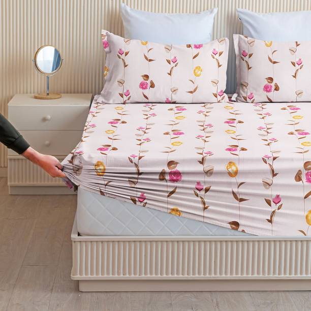 VAS COLLECTIONS Cotton King Fitted (Elastic) 180 TC Floral Bedsheet