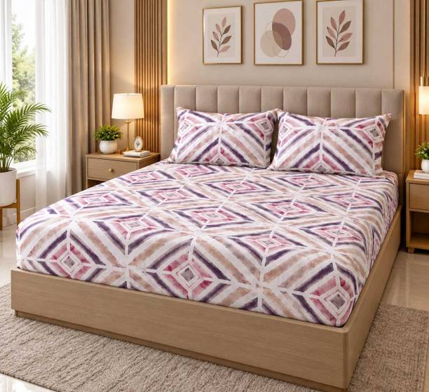 EXFAB Cotton Double Fitted (Elastic) 244 TC Printed 1 Bedsheet with 2 Pillow Covers