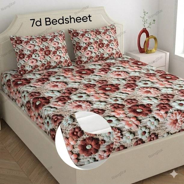 RisingStar Microfiber Double Fitted (Elastic) 250 TC Floral 1 Bedsheet with 2 Pillow Covers