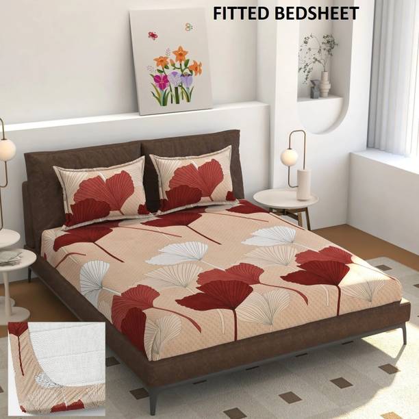 BLUEDOT Polycotton Double Fitted (Elastic) 200 TC Floral 1 Bedsheet with 2 Pillow Covers