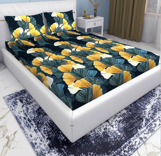 EXFAB Cotton Double Fitted (Elastic) 280 TC Printed 1 Bedsheet with 2 Pillow Covers