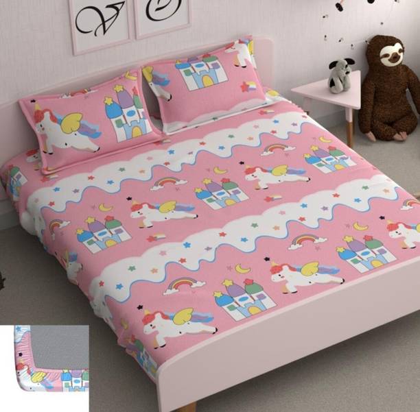 REYTILII Cotton Double Fitted (Elastic) 350 TC Cartoon 1 Bedsheet with 2 Pillow Covers
