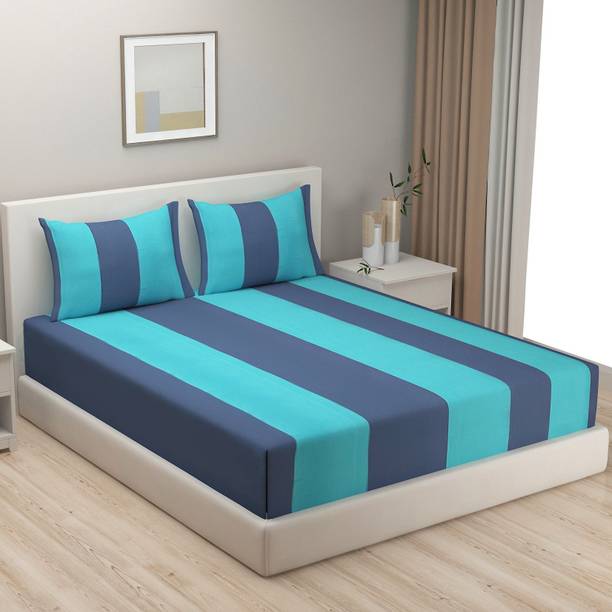 SWAYAM Cotton Double Flat 240 TC Striped 1 Bedsheet with 2 Pillow Covers