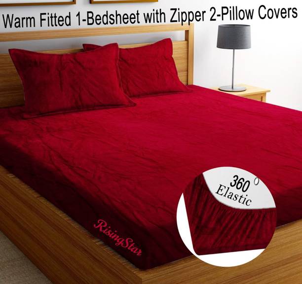 RisingStar Woolen King Fitted (Elastic) 400 TC Solid 1 Bedsheet with 2 Pillow Covers