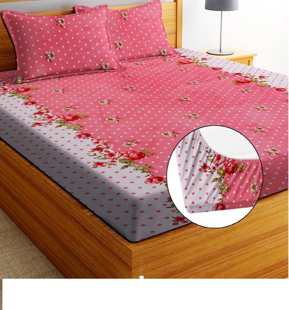 EXFAB Cotton Double Fitted (Elastic) 244 TC Printed 1 Bedsheet with 2 Pillow Covers