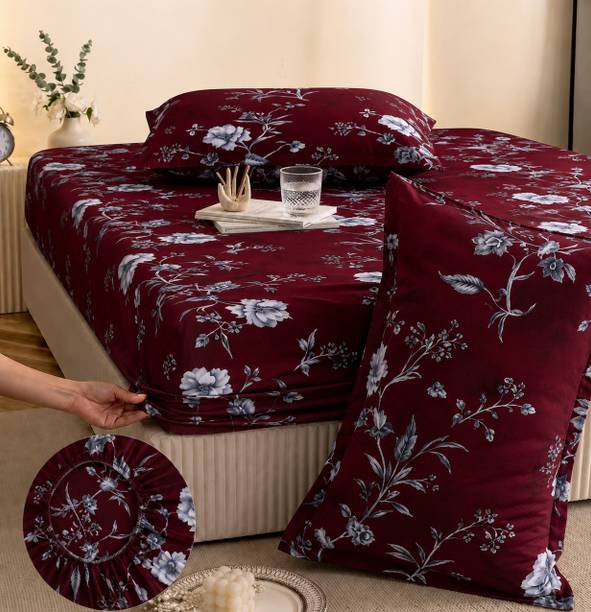 YaAkholic Cotton King Fitted (Elastic) 242 TC Printed 1 Summer Bedsheet with 2 Pillow Covers