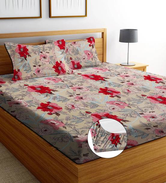 ANIKET Cotton Double, Queen Fitted (Elastic) 160 TC Printed 1 Bedsheet with 2 Pillow Covers