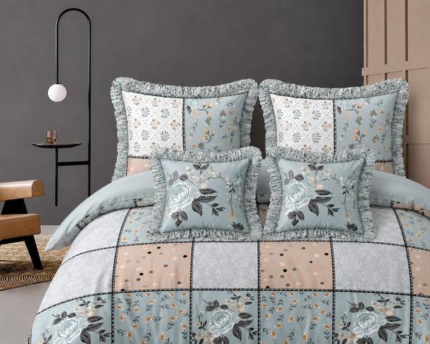 CLOVIS KRAFTS Cotton Double Flat 300 TC Printed 1 Bedsheet with 2 Pillow Covers, 2 Cushion Covers