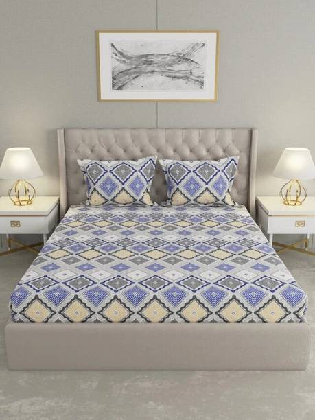 Raymond Home Microfiber Double Flat 110 TC Geometric 1 Bedsheet with 2 Pillow Covers