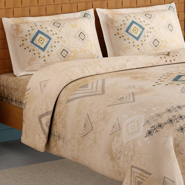 SPACES Cotton Double Flat 210 TC Geometric 1 Bedsheet with 2 Pillow Covers