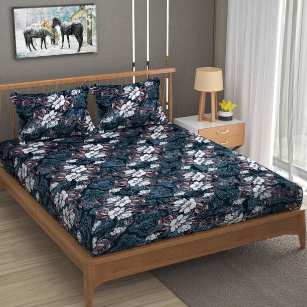 SHOPHOX Woolen, Velvet King Fitted (Elastic) 300 TC Printed Bedsheet