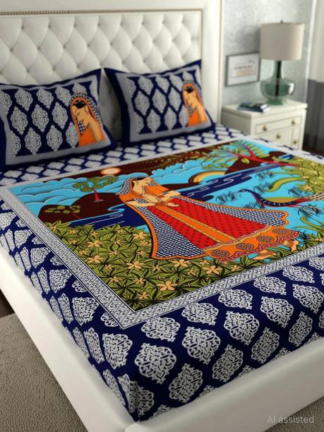 CLOTHOLOGY Cotton Double Flat 144 TC Printed 1 Bedsheet with 2 Pillow Covers