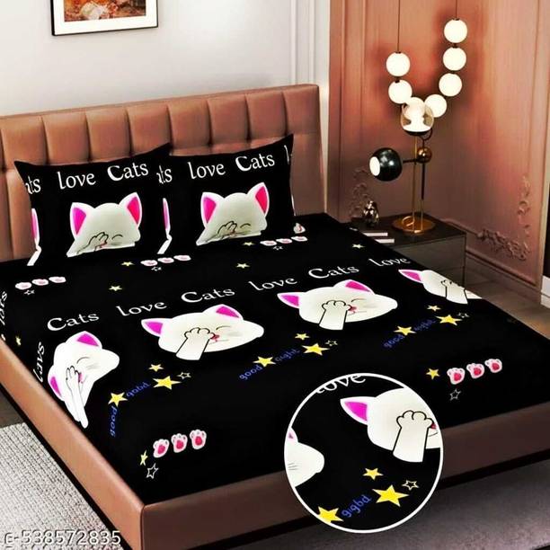 anantya Polycotton Double Fitted (Elastic) 180 TC Striped 1 Bedsheet with 2 Pillow Covers