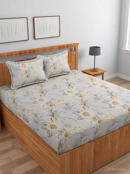 AMEYAA Cotton Double Fitted (Elastic) 320 TC Printed 1 Bedsheet with 2 Pillow Covers
