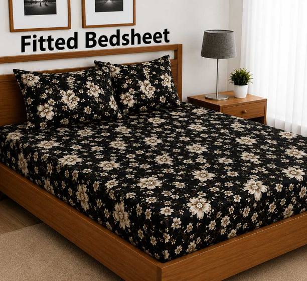 frisly Woolen, Velvet Double Fitted (Elastic) 300 TC Floral 1 Winter Bedsheet with 2 Pillow Covers