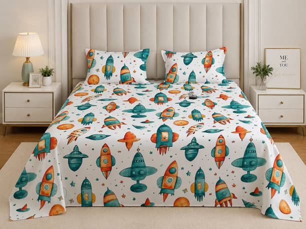 TINDLER KNOTS Cotton Queen Flat 300 TC Printed 1 Bedsheet with 2 Pillow Covers