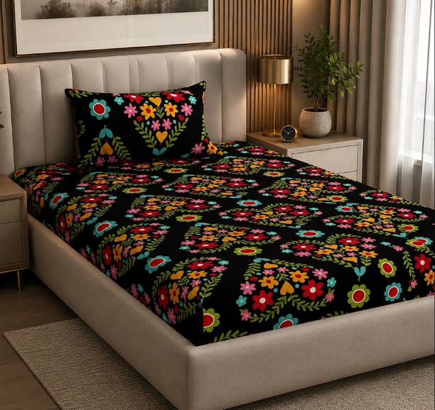 angeet Cotton Single Flat 220 TC Floral 1 Bedsheet with 2 Pillow Covers