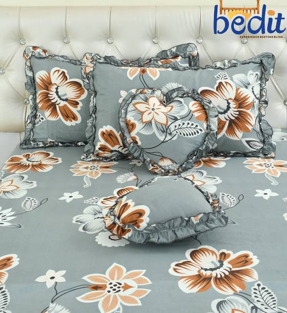 Bedit Cotton King Flat 320 TC Floral 1 Bedsheet with 2 Pillow Covers, 2 Cushion Covers