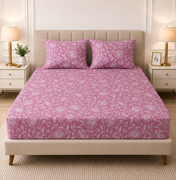 Amrange Microfiber Double, King Fitted (Elastic) 180 TC Floral 1 Bedsheet with 2 Pillow Covers