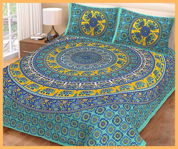 JAIPUR PRINTS Cotton Double, Queen Flat 144 TC Jaipuri Prints 1 Bedsheet with 2 Pillow Covers