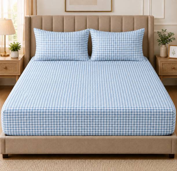 Amrange Cotton Double Fitted (Elastic) 210 TC Checkered 1 Bedsheet with 2 Pillow Covers