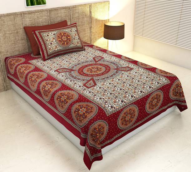 Ubania Collection Cotton Single Flat 140 TC Jaipuri Prints 1 Bedsheet with 2 Pillow Covers