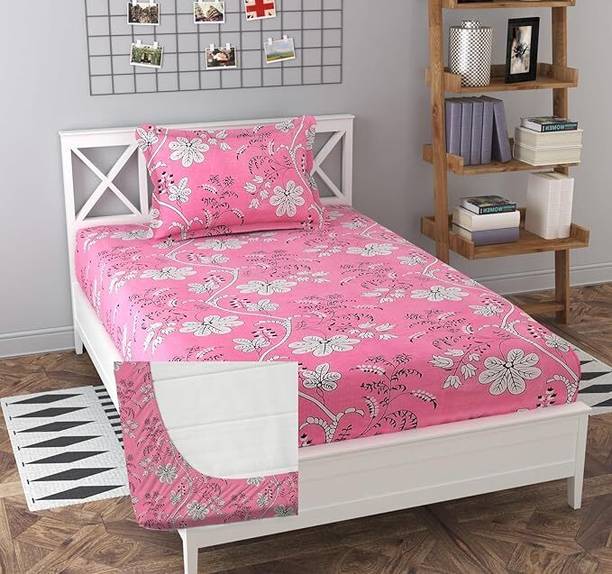 Goodrik Microfiber Single Fitted (Elastic) 210 TC Floral Bedsheet