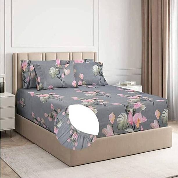THANESH 200 TC Cotton King Floral Fitted (Elastic) Bedsheet