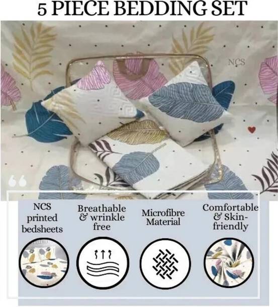 NCS Cotton Double Flat 280 TC Floral 1 Bedsheet with 2 Pillow Covers, 2 Cushion Covers