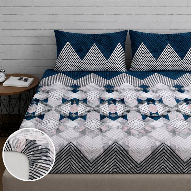 BLUEDOT Velvet King Fitted (Elastic) 350 TC Printed 1 Winter Bedsheet with 2 Pillow Covers