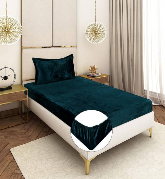 CRAFTEAL Velvet Single Fitted (Elastic) 300 TC Solid 1 Bedsheet with 2 Pillow Covers