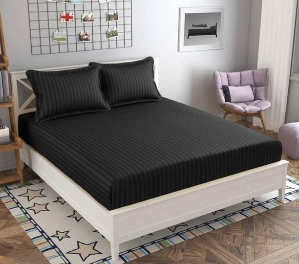 PRAKHARYA Satin King Fitted (Elastic) 220 TC Striped 1 Summer Bedsheet with 2 Pillow Covers