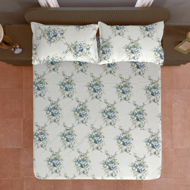 SWAYAM Cotton King Fitted (Elastic) 210 TC Floral 1 Bedsheet with 2 Pillow Covers