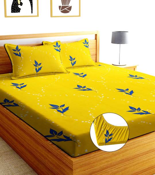BLUEDOT Cotton Double Fitted (Elastic) 254 TC Printed 1 Bedsheet with 2 Pillow Covers